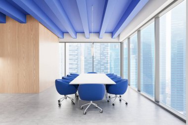 Mavi koltukları ve beyaz masası olan konferans odası, modern tasarım, ahşap ve cam duvarlar, beton zemin, mavi tavan kirişleri. İş konsepti. 3B Hazırlama.