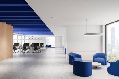 Mavi sandalyeler ve tavan aksanları, açık çalışma alanı, geniş pencereler, ışık dekoru ve şehir manzaralı geniş bir ofis. 3B Hazırlama