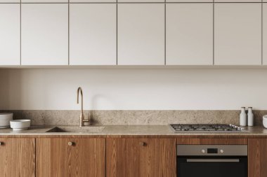 Çağdaş mutfak tasarımı, parlak ahşap dolaplar, bej tezgah ve minimalist beyaz dolaplar, modern zarafet sergileniyor. 3B Hazırlama.