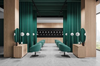 Modern yeşil sandalyeli şık bir salon, ahşap paneller, ve zarif ışıklandırma, geniş bir yerleşim yeri ve sofistike bir ambiyansı var. 3B Hazırlama