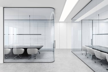 Çağdaş ofis alanı, cam duvarlı toplantı odaları, hafif arka planda minimalist mobilyalar. Modern iş tasarımı kavramı. 3B Hazırlama.