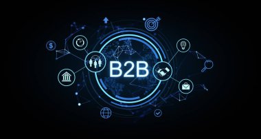Dijital simgelerle parlayan B2B ağ konsepti, iş bağlantılarını temsil eden, karanlık bir arka planda fütürist tarzda. İş kavramı. 3B Hazırlama.