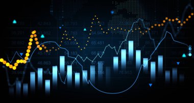 Küresel bir haritaya sahip mavi ve turuncu renkli çubuk çizelgelerini, eğilim çizgilerini ve veri noktalarını gösteren bir finansal grafiğin dijital 3D görüntülenmesi