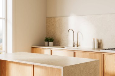 Minimalist mutfak, ahşap dolaplar, hafif taş tezgahlar, parlak musluk, ve bej arka planda dekor. Modern ev tasarımı kavramı. 3B Hazırlama.