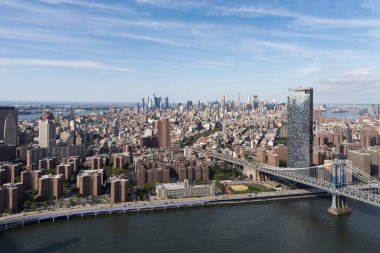 Manhattan 'ın havadan görünüşü, genişleyen bir şehir manzarası, belirgin bir köprü ve açık mavi gökyüzünün altındaki bir nehir. Şehir merkezi kavramı