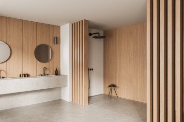 Ahşap duvarlar, yuvarlak aynalar ve taş bir lavabo, minimalist dekor ve temiz bir arkaplanda nötr tonlar içeren zarif bir banyo. Modern tasarım kavramı. 3B Hazırlama.