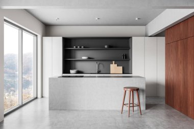Çimento adası, ahşap tabure, açık raflar ve geniş pencereli lüks modern mutfak. Minimalist tasarım ve doğal ışık. 3B Hazırlama