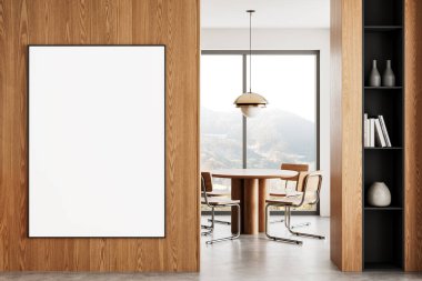 Modern bir iç mekan, doğal ışık ve manzaralı pencere manzaralı ahşap bir duvarda boş bir poster modeli. Temiz düzen konsepti. 3B Hazırlama.