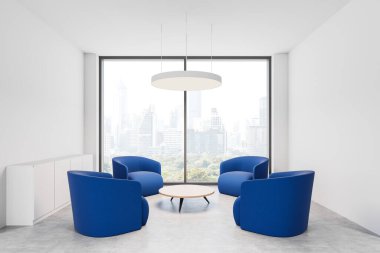 Mavi koltuklu dairesel ofis salonu, yuvarlak masa, geniş pencere manzarası, beyaz duvarlar ve minimalist dekorlar. 3B Hazırlama