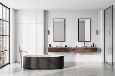 Lüks modern banyo içinde serbest küvet, ahşap çift kibir, büyük aynalar ve yerden tavana pencereler var. Parlak tasarım. 3B Hazırlama.