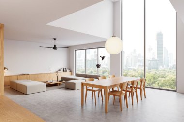 Ahşap mobilyaları, geniş pencereleri, şehir manzarası ve nötr tonlarıyla geniş, açık bir yaşam ve yemek alanı. 3B Hazırlama