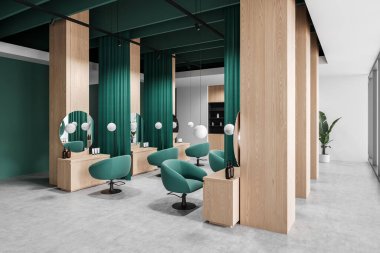 Yeşil sandalyeli, ahşap elementli ve aynalı, asılı ışıklar ve canlı yeşil perdelerle güçlendirilmiş çağdaş kuaför salonu. 3B Hazırlama