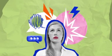 Yukarıya bakan genç bir kadın, konuşma baloncukları, şimşekler ve yeşil desenli arka plandaki karalamalar gibi canlı ve soyut sembollerle çevrili. Düşünce kavramı