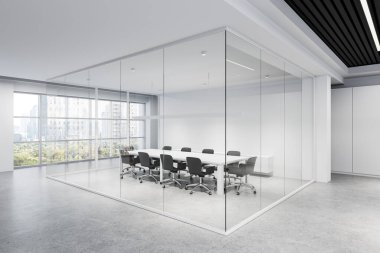 Cam duvarları, minimal mobilyaları ve şehir manzarası olan geniş bir konferans odası, açık arkaplanda modern bir iç tasarım sergiliyor. 3B Hazırlama