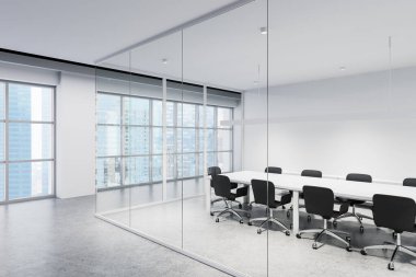 Cam duvarlar, beyaz bir masa, parlak sandalyeler ve arka planda şehir silueti olan parlak konferans odası. Minimalizm kavramı. 3B Hazırlama.