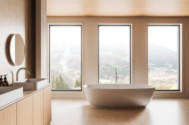 Serbest küvetli modern banyo, çift lavabo, ahşap dolap, manzaralı manzaralı geniş pencereler ve doğal ışıklandırma. 3B Hazırlama