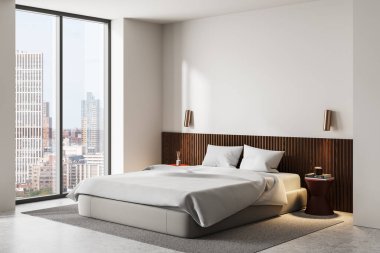 Tahta yatak başlıklı şık yatak odası, rahat yatak odası, modern yan masa, şehir manzarasını gösteren geniş pencere, minimalist konsept. 3B Hazırlama