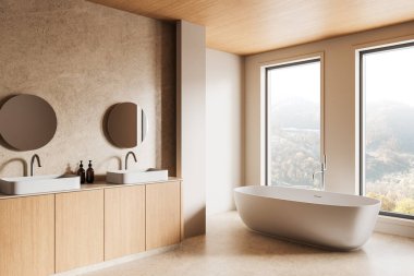 Lüks banyo içinde serbest banyo küveti, çift lavabo kibri, yuvarlak aynalar ve doğal ışık. Modern konsept, bej renkler. 3B Hazırlama.