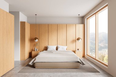 Ahşap duvarları, geniş pencereleri, yumuşak yatakları ve rahat dekorları olan minimalist bir yatak odası. Tarafsız tonlar, kolye ışıkları, yaratıcı tasarım. 3B Hazırlama.