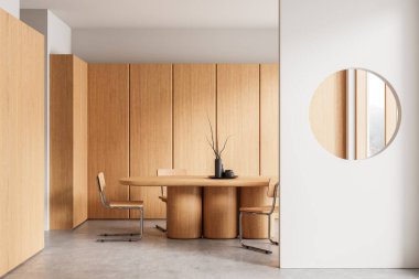 Yuvarlak ahşap bir masa, uyumlu sandalyeler ve dairesel duvar kesiminin yer aldığı çağdaş yemek alanı. Minimalist konsept, sıcak tonlar, modern tarz. 3B Hazırlama.