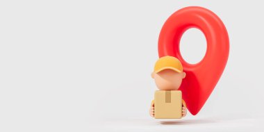 Arkaplanda beyaz bir fonda büyük kırmızı bir coğrafi pin bulunan paketi taşıyan bir teslimatçının 3 boyutlu görüntüsü. Çevrimiçi dağıtım kavramı
