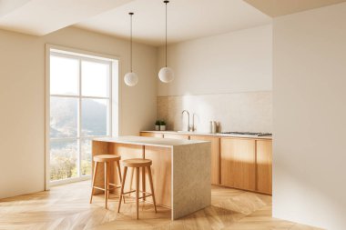 Ahşap dolaplar, mermer ada, ahşap tabure, kolye ışıkları ve geniş pencereli modern mutfak. Minimalist tasarım konsepti. 3B Hazırlama.