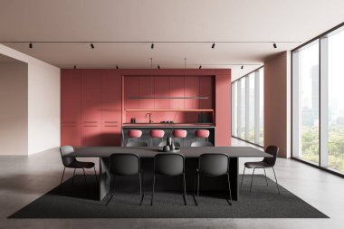 Kırmızı dolapları, karanlık yemek masası ve şehir manzarasına bakan büyük pencereleri olan şık bir mutfak. Parlak kaplamalı çağdaş tasarım. 3B Hazırlama