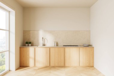 Hafif ahşap dolapları, nötr arka kapağı ve ahşap döşemeleri olan parlak modern mutfak. Doğal ışık pencereden içeri akar. İç tasarım kavramı. 3B Hazırlama.