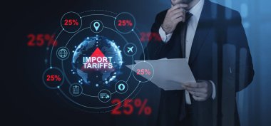 İthalat vergilerinin% 25 oranında artması, dijital elementler ve karanlık fütüristik arka planda küresel ticaret simgeleriyle analiz eden işadamı