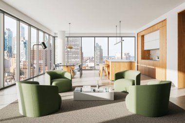 Geniş, modern iç tasarım. İçinde yeşil koltuklar, ahşap mutfak ve panoramik şehir manzarası var. Geniş pencerelerden bakınca rahat ve şık bir atmosfer yaratıyor. 3B Hazırlama