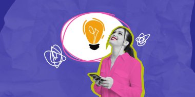 Elinde parlak bir ampulle gülümseyen bir kadın buruşuk mavi bir arka planda renkli bir konuşma balonunda. Yaratıcı düşünceyi temsil eder