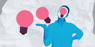Buruşuk beyaz bir arka planda mavi insan figürlü pembe ampulleri gösteren yaratıcı bir kompozisyon, yeniliği ve fikirleri sembolize ediyor.