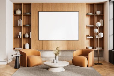 Ahşap duvarda boş bir poster, iki rahat koltuk, şık bir dekor ve raflarla dolu çağdaş parlak bir iç mekan, temiz bir tasarım konsepti yaratıyor. 3B Hazırlama.