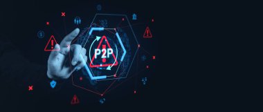 Bir el Holografik P2P güvenlik uyarı arayüzü ile etkileşime girer, karanlık bir arkaplanda dijital tehlike sembolleri gösterir, siber güvenlik risklerini temsil eder