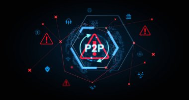 P2P ödeme güvenlik uyarısı, kırmızı alarm sembolleri ve karanlık arka planda dijital ağ bağlantıları olan gelecekçi hologram. Siber güvenlik kavramı. 3B Hazırlama