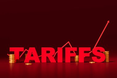 Kalın kırmızı TARIFFS yazı, üst üste yığılmış altın paralar ve koyu kırmızı zemin üzerinde yükselen bir ok, vergi artışını ve ithalat maliyetlerini sembolize ediyor. 3B Hazırlama