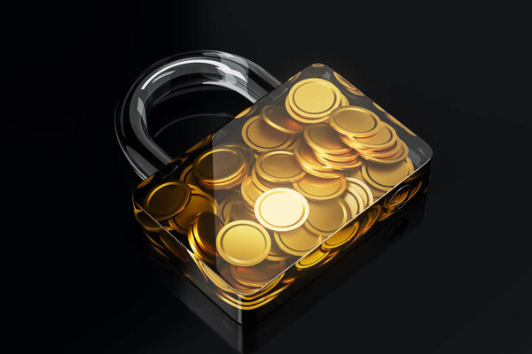 Transparent padlock filled with shiny golden coins, symbolizing security and wealth protection. Glossy 3D rendering on a dark background