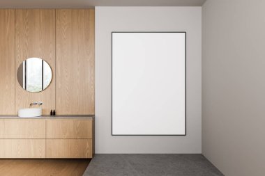 Minimalist banyo, ahşap dolaplar, yuvarlak ayna ve ışık duvarında boş poster çerçevesi. Çağdaş iç tasarım konsepti. 3B Hazırlama