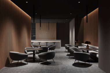 Modern mobilyalarla, yumuşak ışıklandırmalarla ve ahşap panel duvarlarla süslü, rahat ve sofistike bir ortam yaratıyor. 3B Hazırlama