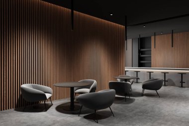 Ahşap düz duvarlar, rahat koltuklar, yuvarlak masalar ve şık bir bar tezgahı olan zarif bir iç dizayn, sofistike bir salon atmosferi yaratıyor. 3B Hazırlama.