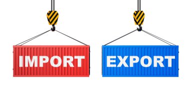 Kırmızı ve mavi nakliye konteynerlerinde İMPORT ve EXPORT etiketleri beyaz arka planda vinç kancalarına asılıydı. Küresel ticaret ve lojistik kavramı. 3B Hazırlama