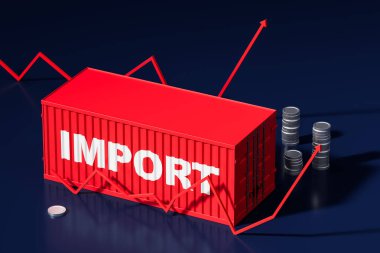 Kırmızı nakliye konteynırında IMPORT etiketi var. Finansal büyüme okları ve koyu arkaplanda bozuk para desteleri var. Yükselen gümrük vergileri ve ticaret artışı kavramı. 3B Hazırlama