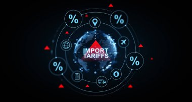 Parlayan küresel semboller, yüzde işaretleri ve karanlık bir arkaplan üzerinde ticari simgelerle ithalat tarifelerinin dijital konsepti. 3B Hazırlama