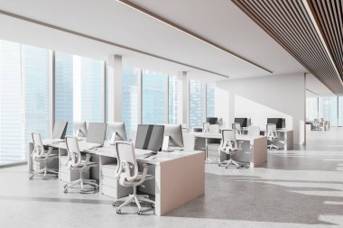 Minimalist tasarımı, açık çalışma alanı, ergonomik sandalyeleri ve şehir manzarasına bakan geniş pencereleri olan geniş bir ofis. Parlak ve modern bir kavram. 3B Hazırlama