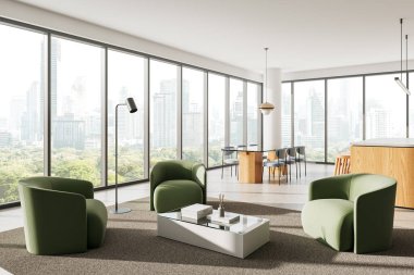 Yerden tavana pencereler ve şehrin ufuk çizgisi manzaralı yüksek katlı bir dairede yeşil koltukları, cam kahve masası ve yemek masası olan çağdaş iç tasarım. 3B Hazırlama