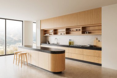 Ahşap dolapları, tezgahı ve doğaya bakan geniş pencereleri olan zarif modern mutfak. Tarafsız bir arkaplanda minimalist tasarım. 3B Hazırlama