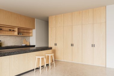 Minimalist mutfak tasarımı, hafif ahşap dolaplar, karanlık taş tezgahlar ve iki tahta tabure, tarafsız bir arkaplanda. 3B Hazırlama