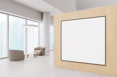 Modern ofis içinde ahşap bir bölmede boş bir poster modeli. Yerden tavana pencereler şehrin ufuk çizgisini gösteriyor. Minimalist tasarım konsepti. 3B Hazırlama.