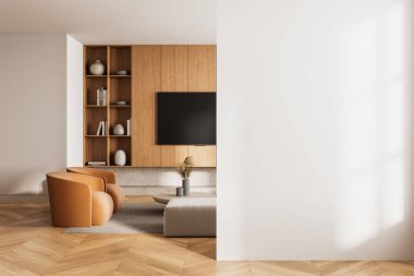 Modern oturma odası, ahşap elementler, rahat koltuklar, ve model için boş beyaz bir duvar. Doğal ışıklandırma temiz bir iç tasarımı geliştirir. 3B Hazırlama