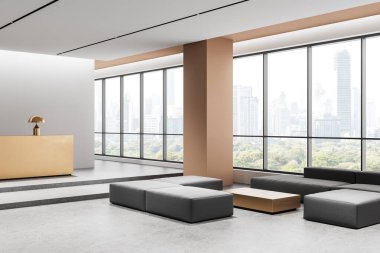 Minimalist tasarımı, geniş pencereleri ve zarif mobilyaları olan geniş bir ofis. Altın aksanlı tarafsız tonlar. Arka planda şehir silueti. 3B Hazırlama